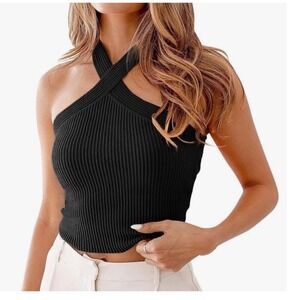 Fashion Nova Black Ribbed Halter Top Criss Cross Neck Sleeveless Knit Tank M